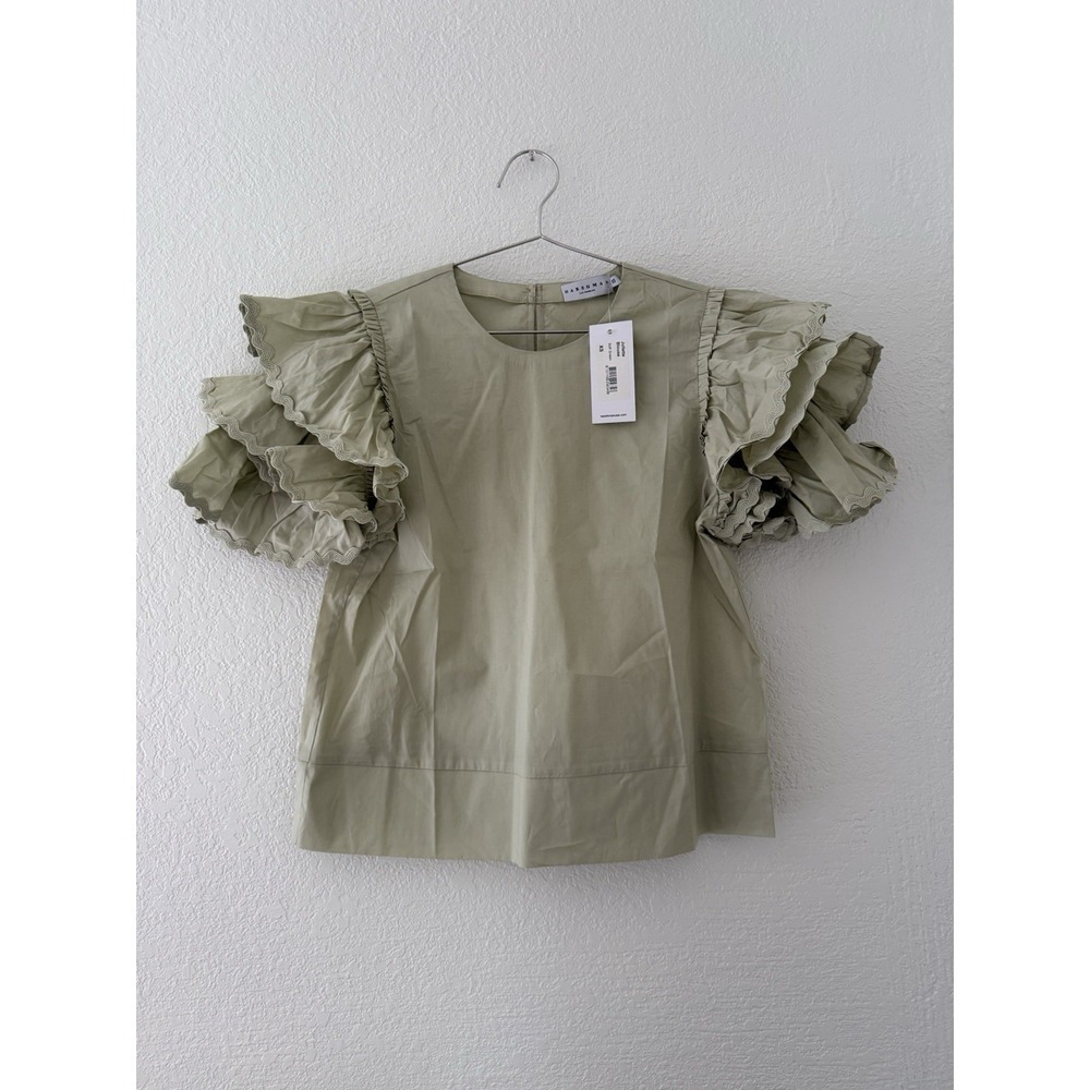 Harshman Mint Juliette Ruffled Cotton Blouse Crewneck Short Sleeve Size XS - Picture 8 of 14